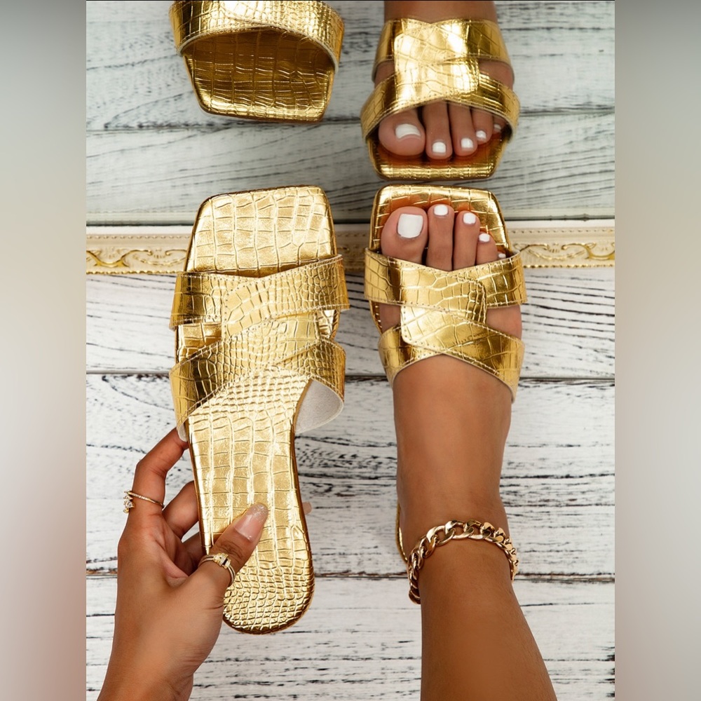 Gold Crocodile Embossed Slides